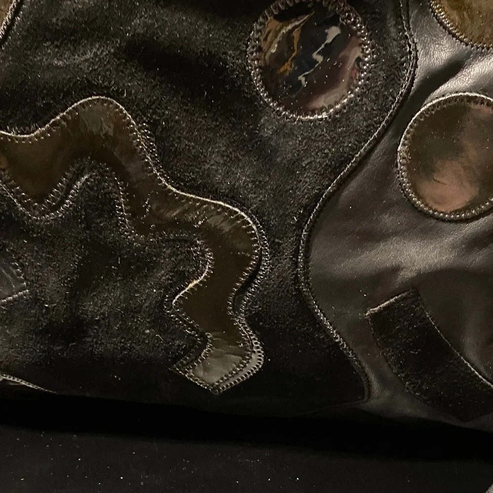 Black leather black suede and black patent Patchwork Shoulder Bag - Picture 4 of 14